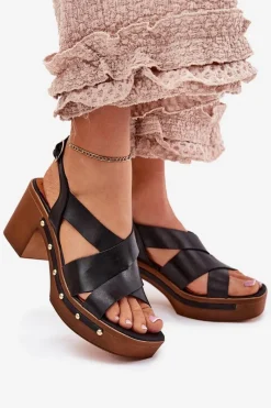 Sandały Na Słupku|Sandały Na Obcasie></noscript>Zazoo Skórzane Sandały Na Słupku 1081 Czarne Czarny