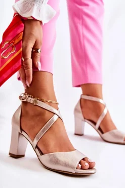 Best Skórzane Sandały Na Słupku Złote Damess Damskie Sandały Na Obcasie