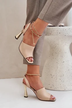 Clearance CheBello Skórzane Sandały Na Szpilce Z Ozdobną Bransoletą 4440 Beżowe Beżowy