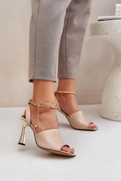 Clearance CheBello Skórzane Sandały Na Szpilce Z Ozdobną Bransoletą 4440 Beżowe Beżowy
