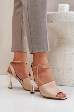 Clearance CheBello Skórzane Sandały Na Szpilce Z Ozdobną Bransoletą 4440 Beżowe Beżowy