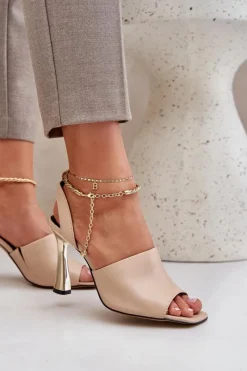 Clearance CheBello Skórzane Sandały Na Szpilce Z Ozdobną Bransoletą 4440 Beżowe Beżowy