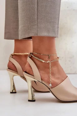 Clearance CheBello Skórzane Sandały Na Szpilce Z Ozdobną Bransoletą 4440 Beżowe Beżowy