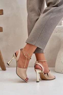 Clearance CheBello Skórzane Sandały Na Szpilce Z Ozdobną Bransoletą 4440 Beżowe Beżowy