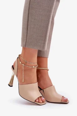 Clearance CheBello Skórzane Sandały Na Szpilce Z Ozdobną Bransoletą 4440 Beżowe Beżowy