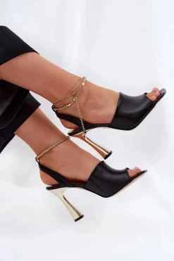 Sale Skórzane Sandały Na Szpilce Z Ozdobną Bransoletą 4440 Czarne Damskie Sandały Na Obcasie