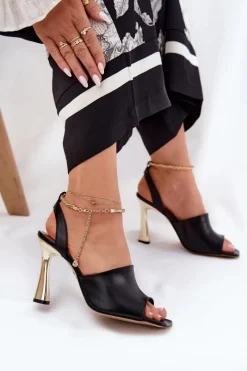 Sale Skórzane Sandały Na Szpilce Z Ozdobną Bransoletą 4440 Czarne Damskie Sandały Na Obcasie