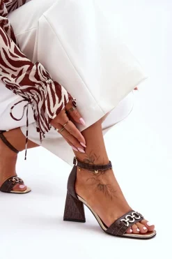 Sandały Na Obcasie>Laura Messi Skórzane Sandały Na Trójkątnym Obcasie 2595 Brązowe