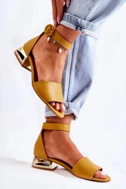 Hot Laura Messi Skórzane Sandały Na Złotym Obcasie 2143 Ciemnożółte