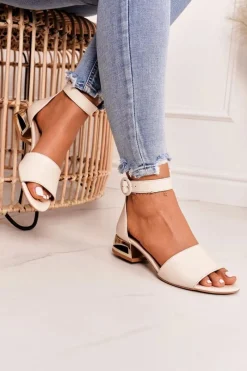 Hot Skórzane Sandały Na Złotym Obcasie 2143 Beżowe Damskie Sandały Na Obcasie|Sandały Płaskie