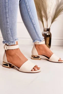 Hot Skórzane Sandały Na Złotym Obcasie 2143 Beżowe Damskie Sandały Na Obcasie|Sandały Płaskie