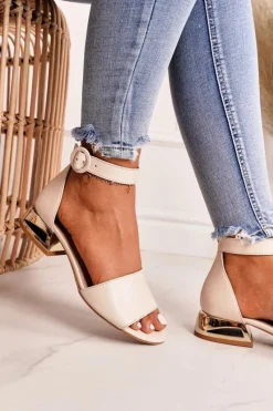 Hot Skórzane Sandały Na Złotym Obcasie 2143 Beżowe Damskie Sandały Na Obcasie|Sandały Płaskie