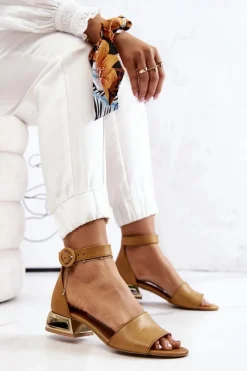 Best Skórzane Sandały Na Złotym Obcasie 2143 Camel Damskie Sandały Na Obcasie|Sandały Płaskie