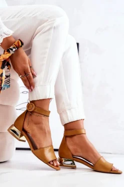 Best Skórzane Sandały Na Złotym Obcasie 2143 Camel Damskie Sandały Na Obcasie|Sandały Płaskie