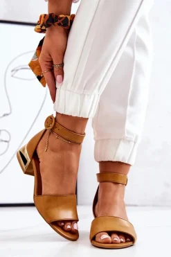 Best Skórzane Sandały Na Złotym Obcasie 2143 Camel Damskie Sandały Na Obcasie|Sandały Płaskie