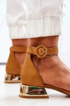 Best Skórzane Sandały Na Złotym Obcasie 2143 Camel Damskie Sandały Na Obcasie|Sandały Płaskie