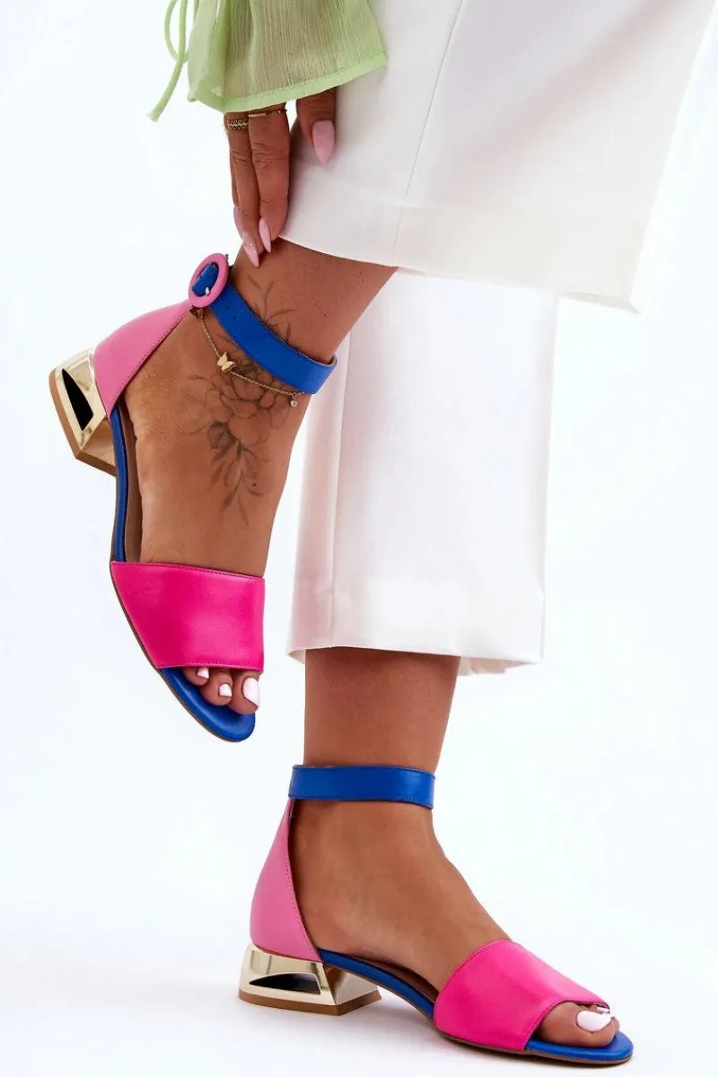Sandały Na Obcasie>Laura Messi Skórzane Sandały Na Złotym Obcasie 2143 Różowo-Niebieskie