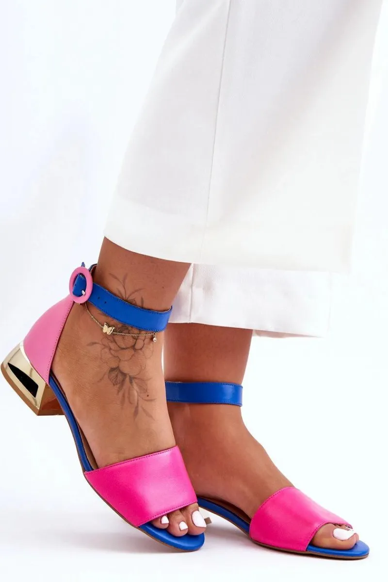 Sandały Na Obcasie>Laura Messi Skórzane Sandały Na Złotym Obcasie 2143 Różowo-Niebieskie