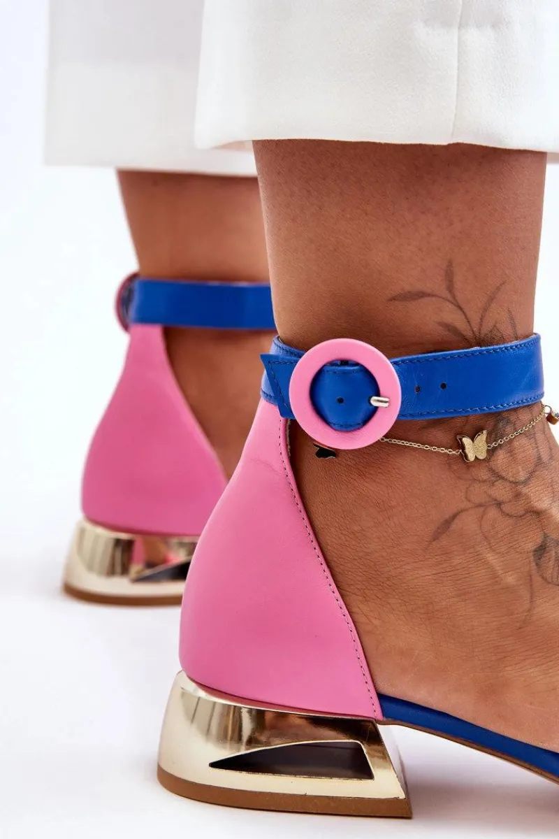 Sandały Na Obcasie>Laura Messi Skórzane Sandały Na Złotym Obcasie 2143 Różowo-Niebieskie