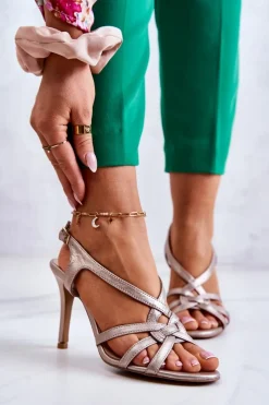 Outlet Laura Messi Skórzane Sandały Szpilki 2002 Beżowo-Złote