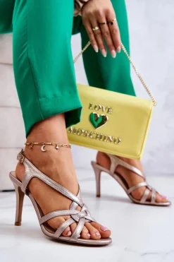 Outlet Laura Messi Skórzane Sandały Szpilki 2002 Beżowo-Złote