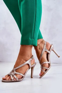 Outlet Laura Messi Skórzane Sandały Szpilki 2002 Beżowo-Złote