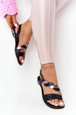 Best Skórzane Sandały Vinceza 21-17117 Czarno-Srebrne Damskie Sandały Płaskie