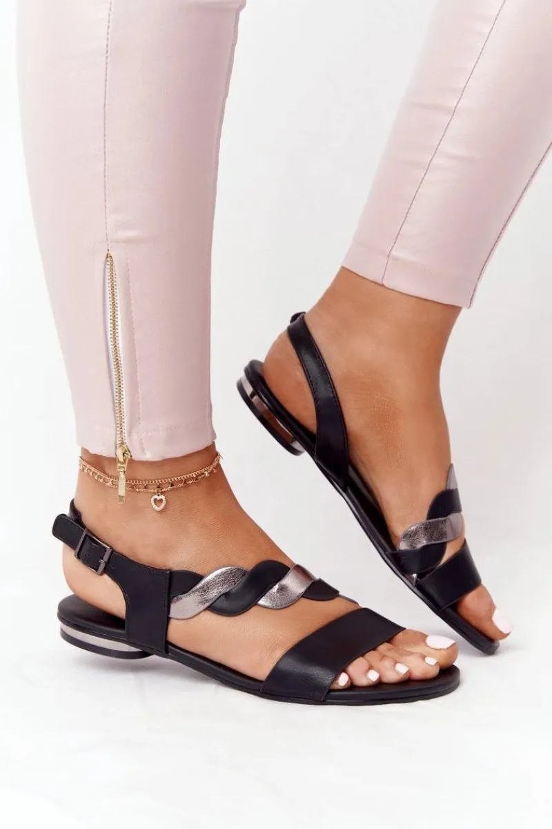 Best Skórzane Sandały Vinceza 21-17117 Czarno-Srebrne Damskie Sandały Płaskie