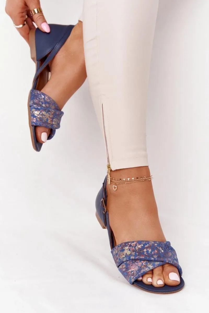 Hot Skórzane Sandały W Kwiatki 04614-43 Granatowe Damskie Sandały Płaskie
