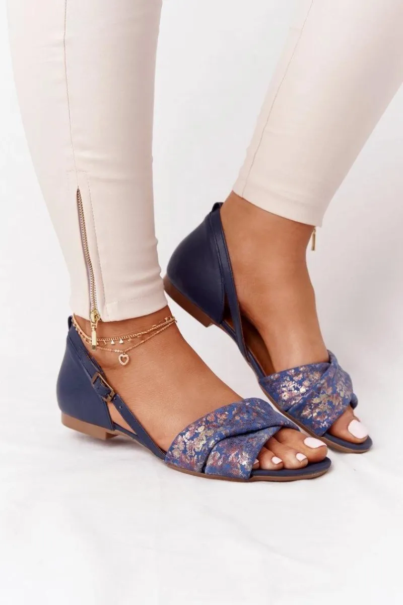 Hot Skórzane Sandały W Kwiatki 04614-43 Granatowe Damskie Sandały Płaskie