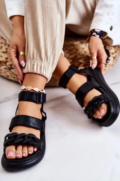 Sandały Płaskie>Boto Skórzane Sandały Z Łańcuchem La.Fi Czarne Alissia