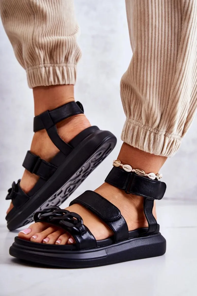 Sandały Płaskie>Boto Skórzane Sandały Z Łańcuchem La.Fi Czarne Alissia