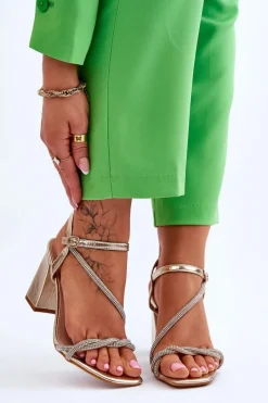 Hot Boto Skórzane Sandały Z Cyrkoniami Na Obcasie Złote Carlotta