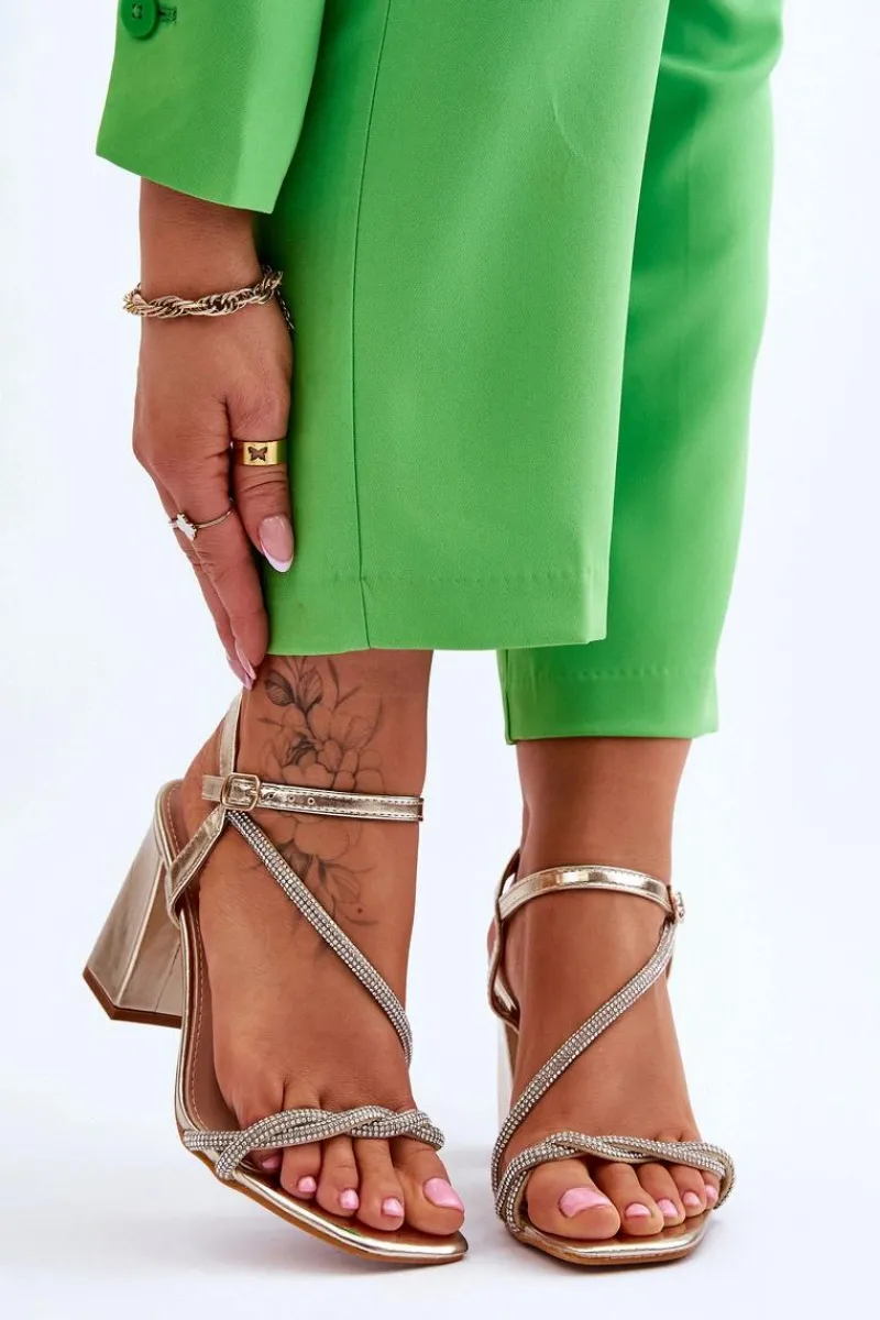 Hot Boto Skórzane Sandały Z Cyrkoniami Na Obcasie Złote Carlotta