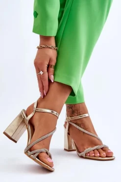 Hot Boto Skórzane Sandały Z Cyrkoniami Na Obcasie Złote Carlotta