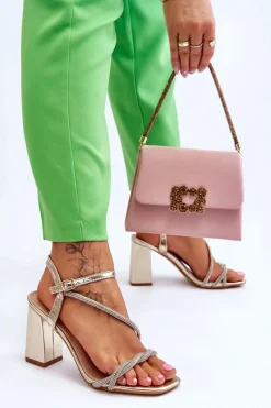 Hot Boto Skórzane Sandały Z Cyrkoniami Na Obcasie Złote Carlotta