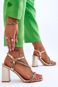 Hot Boto Skórzane Sandały Z Cyrkoniami Na Obcasie Złote Carlotta