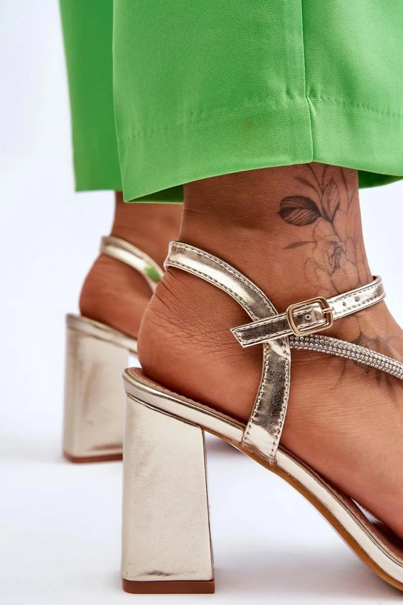 Hot Boto Skórzane Sandały Z Cyrkoniami Na Obcasie Złote Carlotta