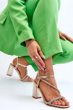 Hot Boto Skórzane Sandały Z Cyrkoniami Na Obcasie Złote Carlotta