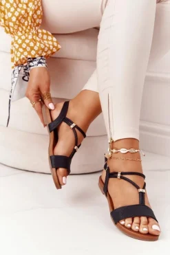 Hot Damskie buty S.Barski Skórzane Sandały Z Cyrkoniami Czarne Melly