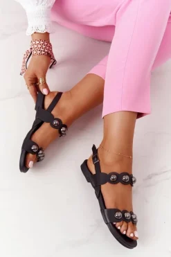 Sandały Płaskie></noscript>Damskie buty S.Barski Skórzane Sandały Z Dżetami S.Barski 541-52 Czarne