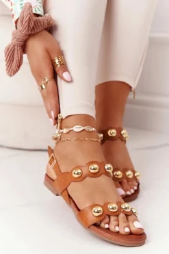 Damskie buty S.Barski Skórzane Sandały Z Dżetami S.Barski 541-52 Brązowe