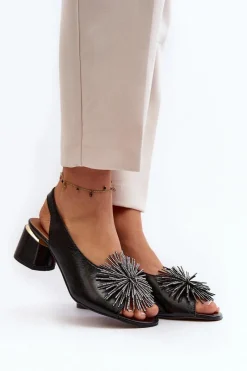 Clearance Laura Messi Skórzane Sandały Z Ozdobą 2719 Czarne Czarny