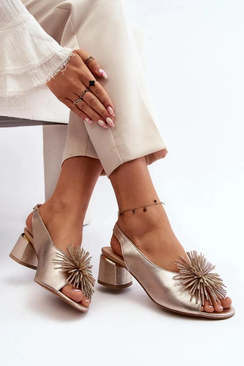 Sandały Na Obcasie>Laura Messi Skórzane Sandały Z Ozdobą 2719 Złote Złoty