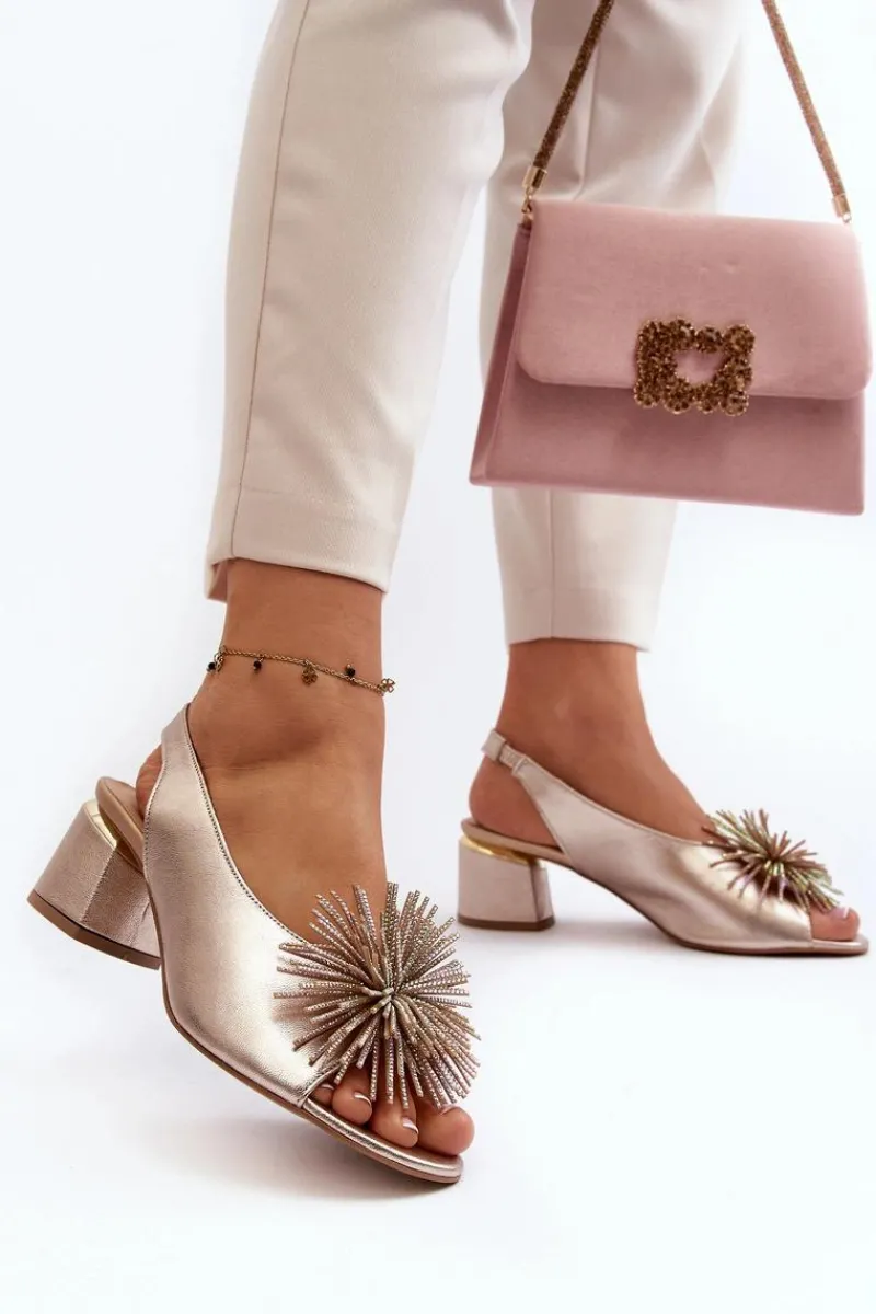 Sandały Na Obcasie>Laura Messi Skórzane Sandały Z Ozdobą 2719 Złote Złoty