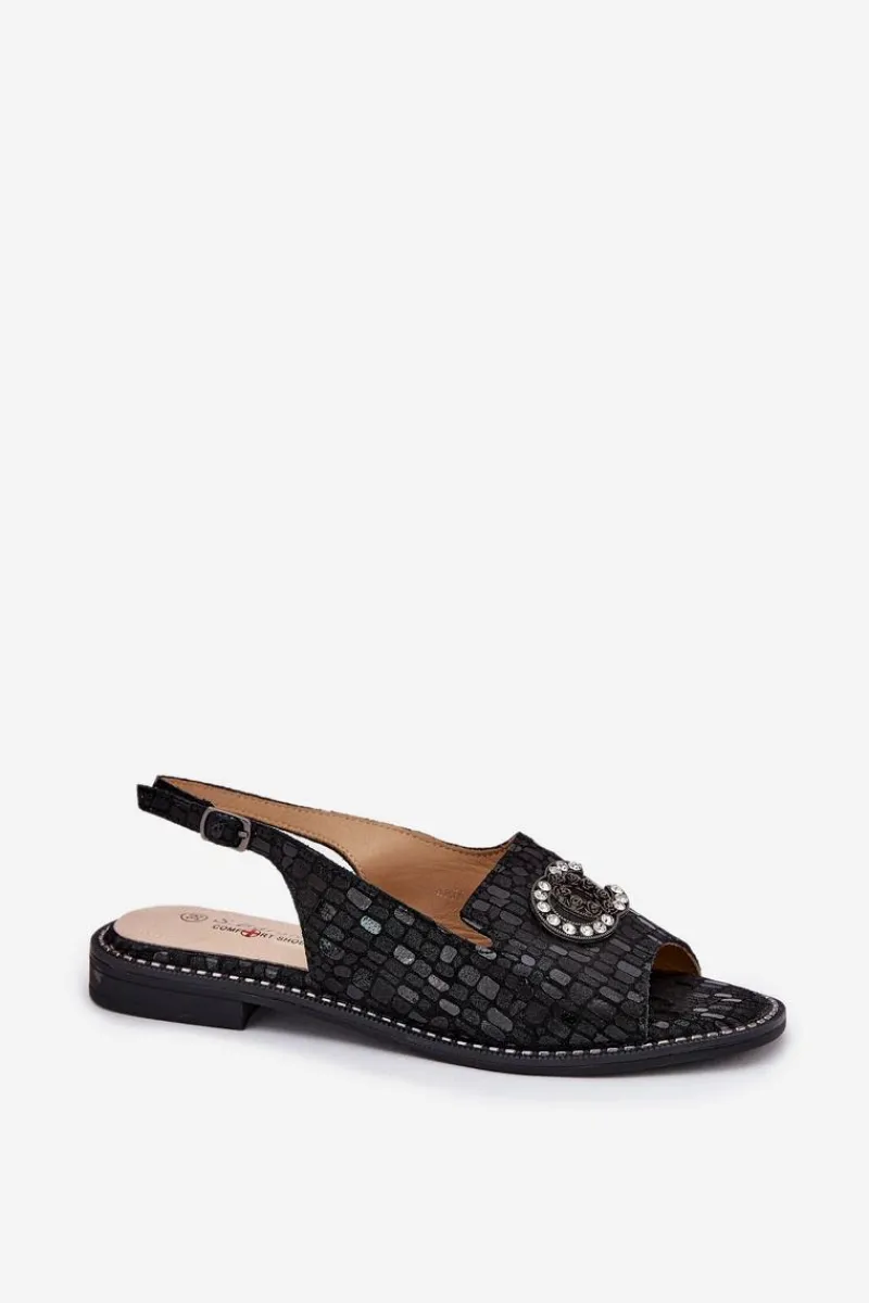 Discount Skórzane Sandały Z Ozdobą Na Płaskim Obcasie S.Barski KV51-096 Czarne Damskie Sandały Płaskie