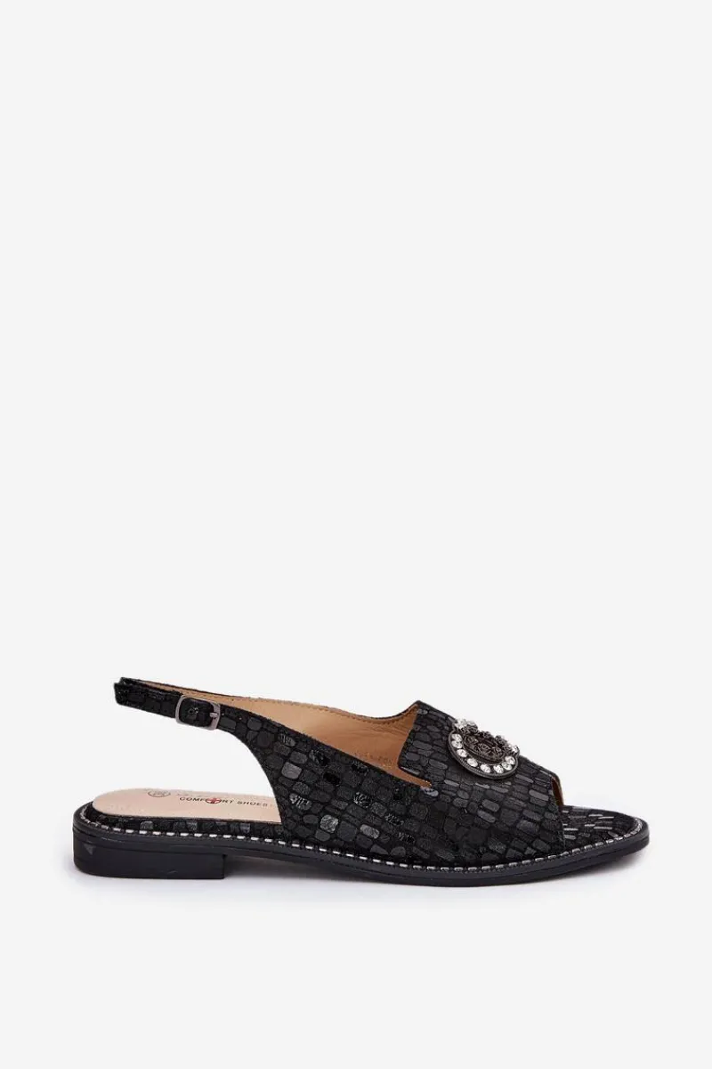 Discount Skórzane Sandały Z Ozdobą Na Płaskim Obcasie S.Barski KV51-096 Czarne Damskie Sandały Płaskie