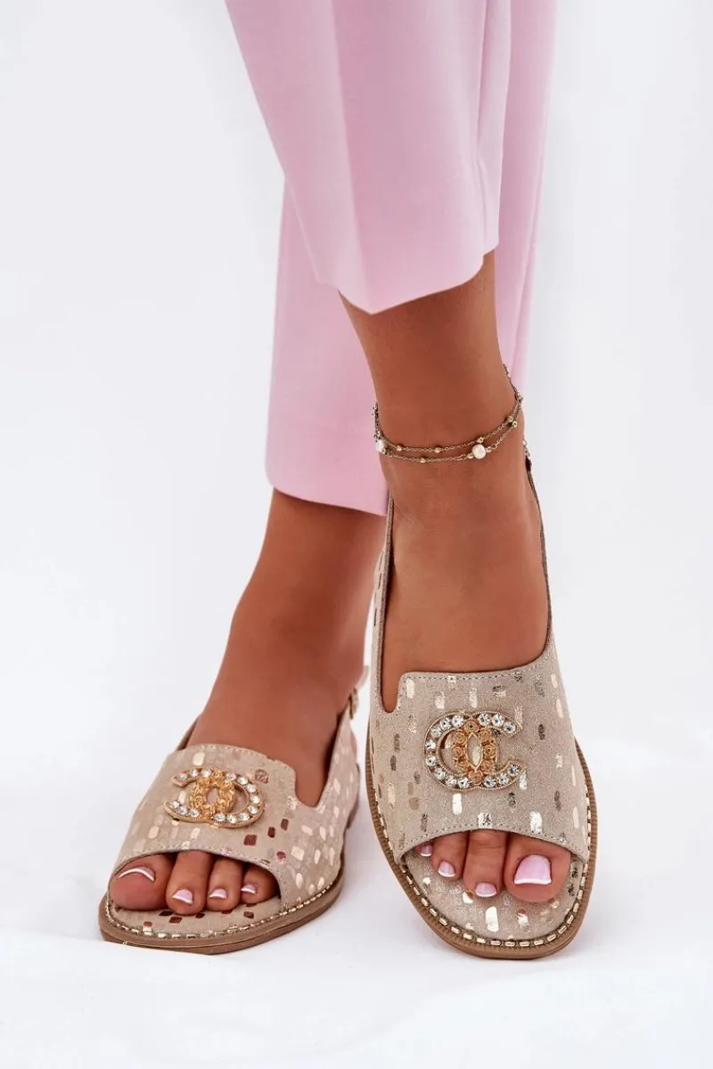 Best Damskie buty S.Barski Skórzane Sandały Z Ozdobą Na Płaskim Obcasie S.Barski KV51-096 Złote Złoty