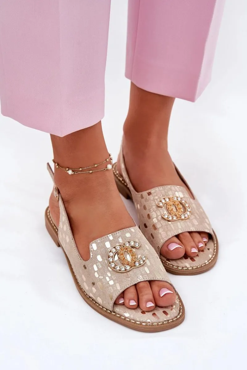 Best Damskie buty S.Barski Skórzane Sandały Z Ozdobą Na Płaskim Obcasie S.Barski KV51-096 Złote Złoty