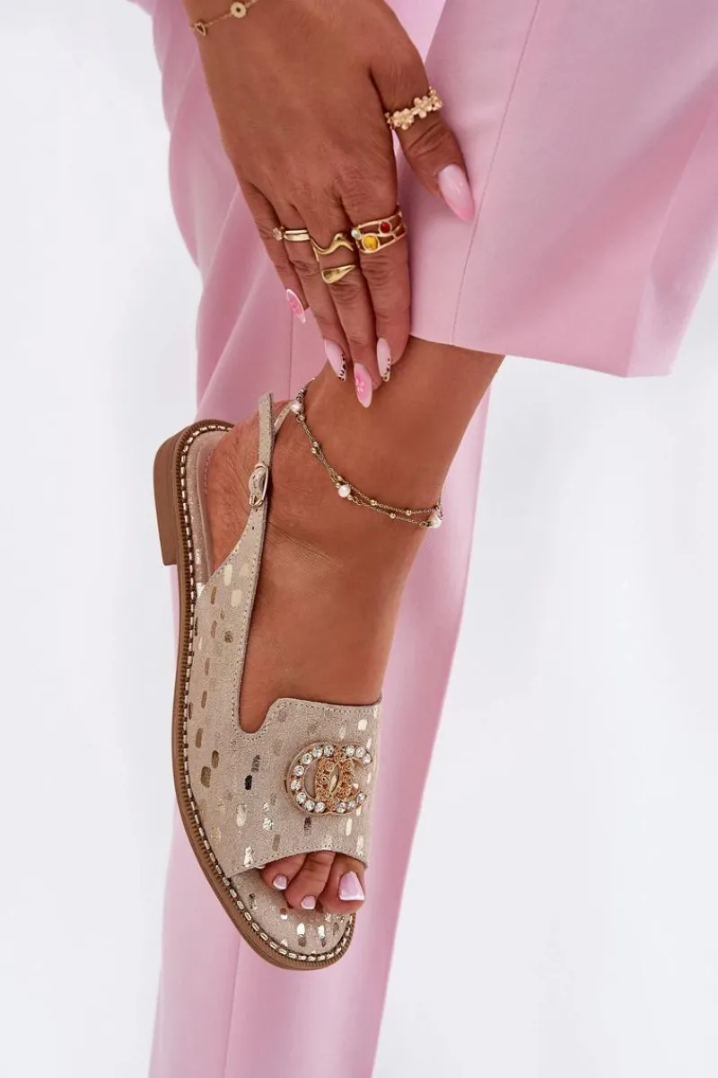 Best Damskie buty S.Barski Skórzane Sandały Z Ozdobą Na Płaskim Obcasie S.Barski KV51-096 Złote Złoty